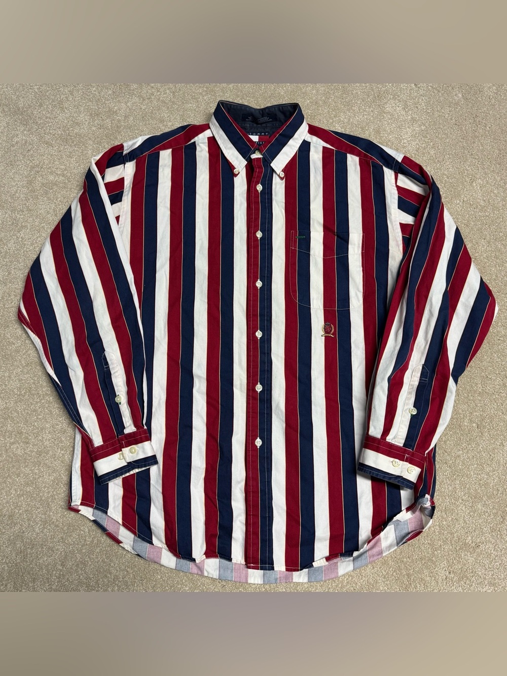 VTG 90s Tommy Hilfiger Stripe Button Down Shirt Mens Medium Red White Classic